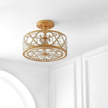 Leila 13.25" Iron/Crystal Modern Glam LED Flush Mount - JONATHAN Y
